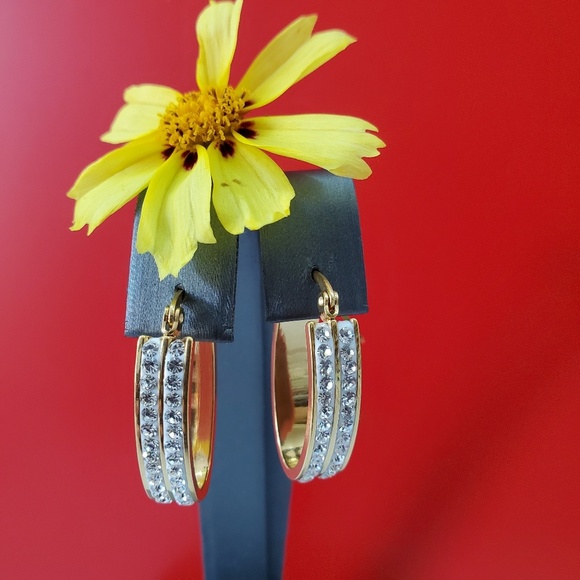 Stainless steel Oval Hoop Earrings with Crystal. - Picture 2 of 5